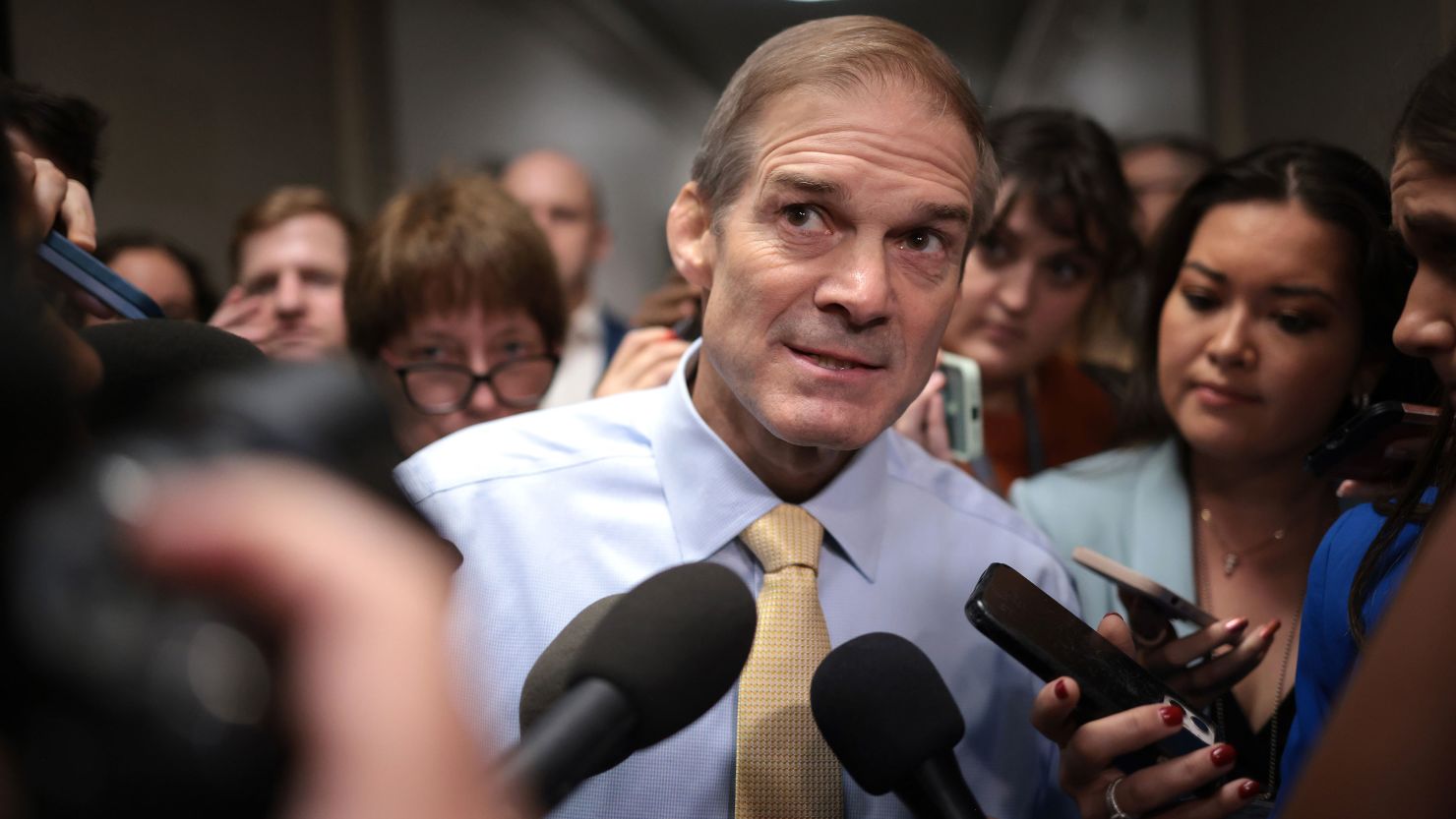 Rep. Jim Jordan speaks to reporters at the Longworth House Office Building on October 13, 2023 in Washington, DC. 
