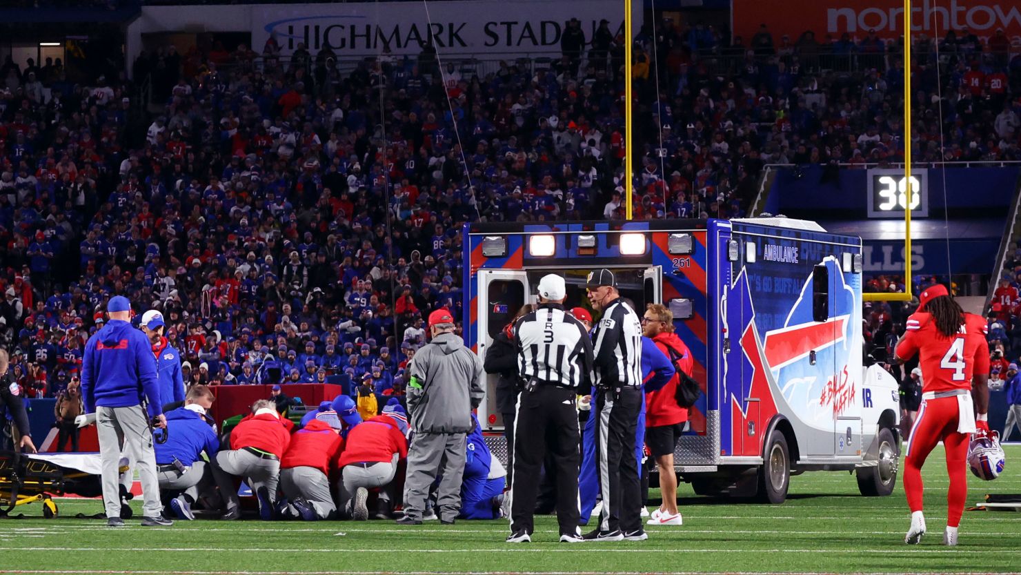 An ambulance waits as medical staff attend to Buffalo Bills running back Damien Harris during an NFL football game against the New York Giants in Orchard Park, N.Y., on Sunday. 