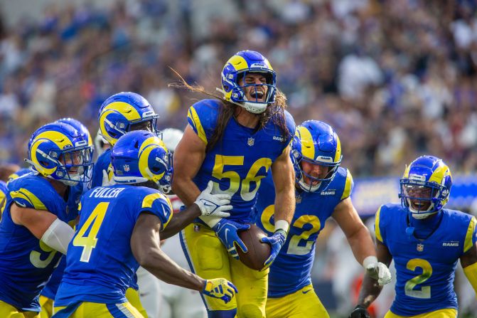 Los Angeles Rams linebacker Christian Rozeboom celebrates his interception during the Rams' 26-9 victory over the Arizona Cardinals on October 15.