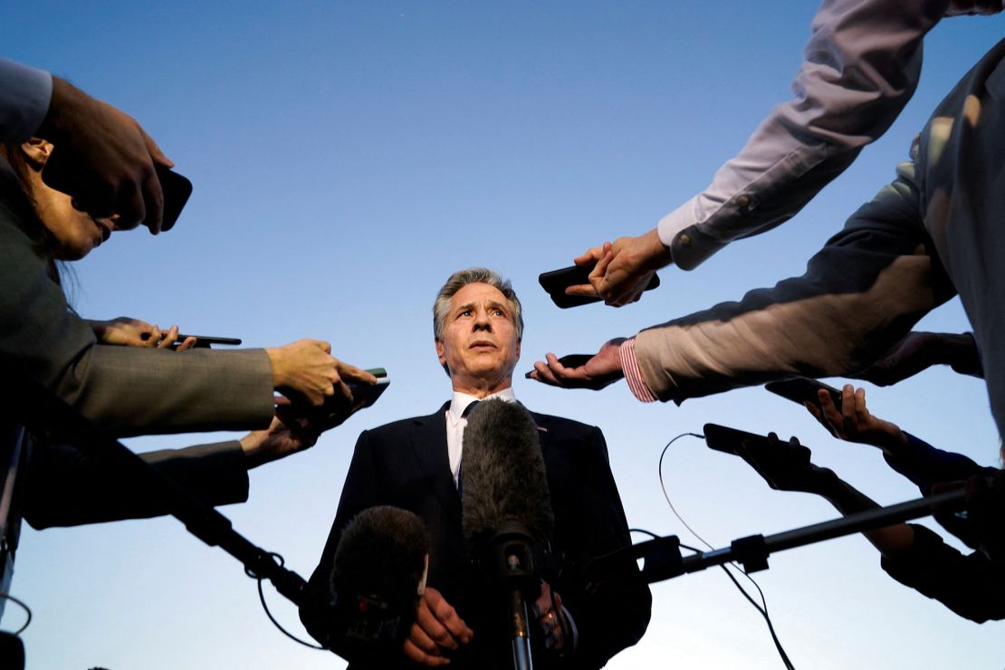 US Secretary of State Antony Blinken speaks to members of the media before leaving Cairo, Egypt, on October 15, en route to Jordan.