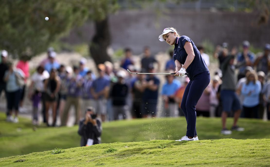 LAS VEGAS, NEVADA - OCTOBER 13: Lexi Thompson of the United States plays her shot on the ninth hole during the second round of the Shriners Children's Open at TPC Summerlin on October 13, 2023 in Las Vegas, Nevada. (Photo by Orlando Ramirez/Getty Images)