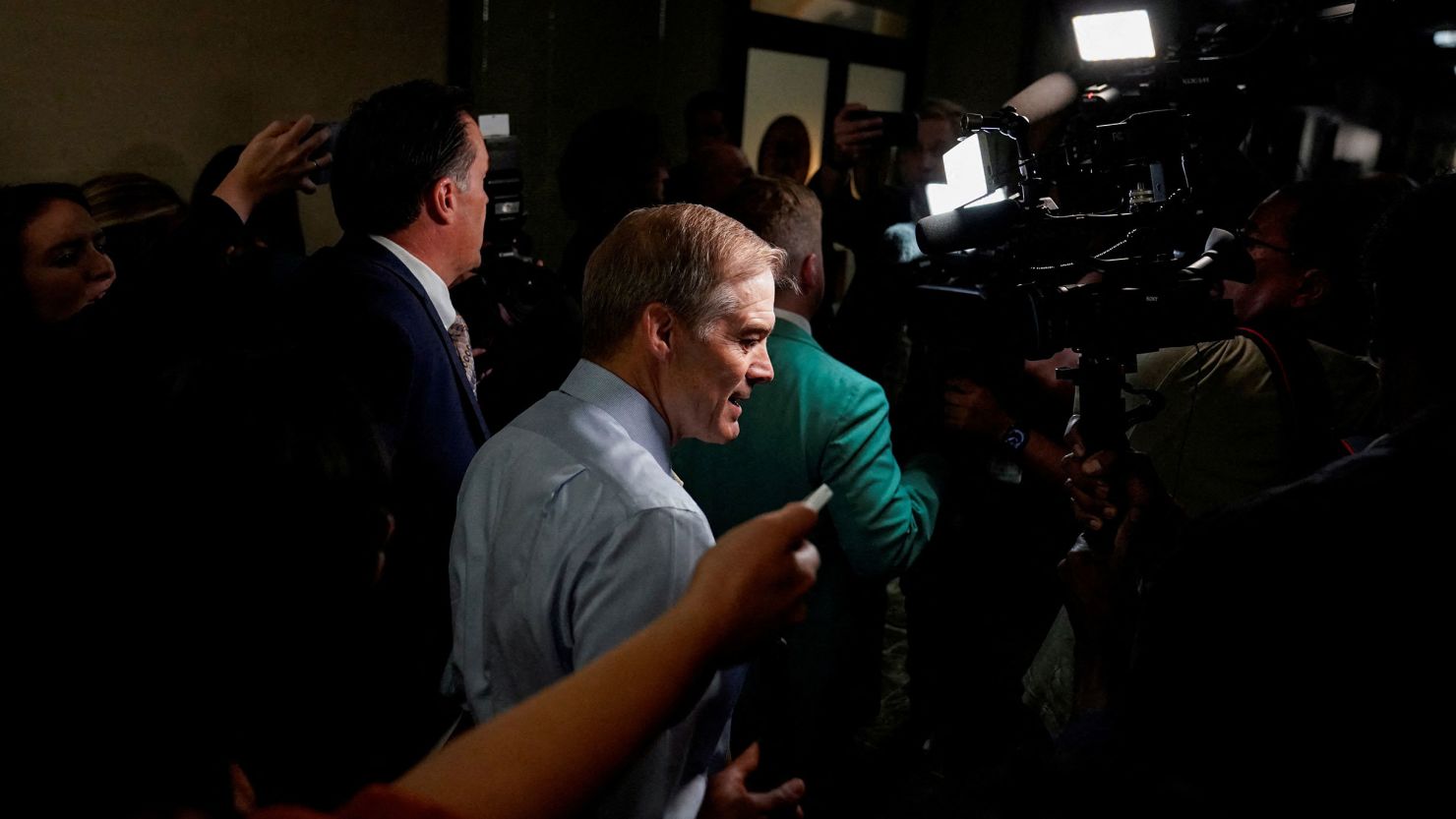 Rep. Jim Jordan arrives for a House Republican Conference meeting on Capitol Hill on October 13, 2023.