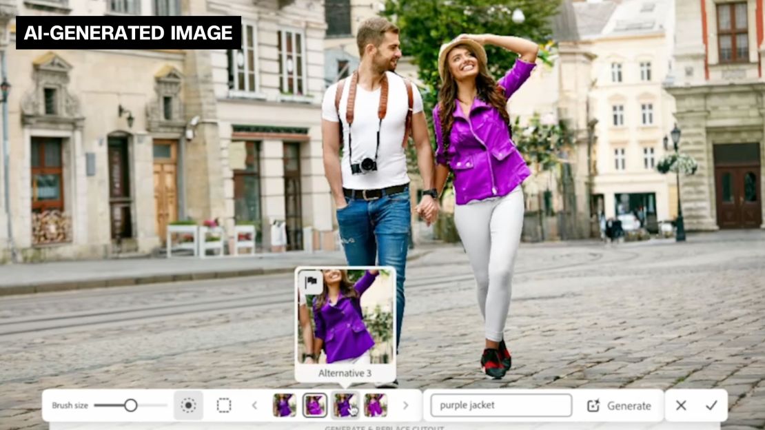 A screenshot of Project Stardust, a tool unveiled as part Adobe's annual "Sneaks" showcase at Adobe MAX on October 11, at work, editing a shirt with the "generate & replace cutout" tool. Project Stardust is labeled by Adobe as a "generative AI-powered object-aware editing engine."