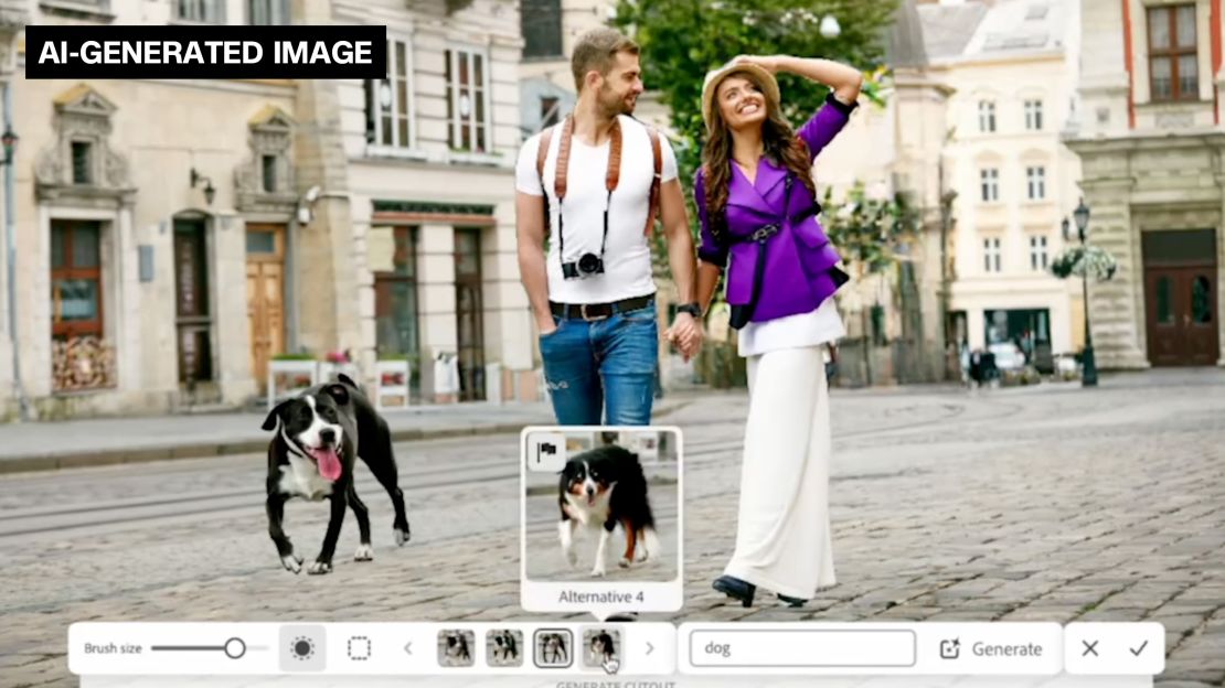 A screenshot of Project Stardust, a tool unveiled as part Adobe's annual "Sneaks" showcase at Adobe MAX on October 11, at work, using the "generate cutout" tool to place a dog in the image. Project Stardust is labeled by Adobe as a "generative AI-powered object-aware editing engine."