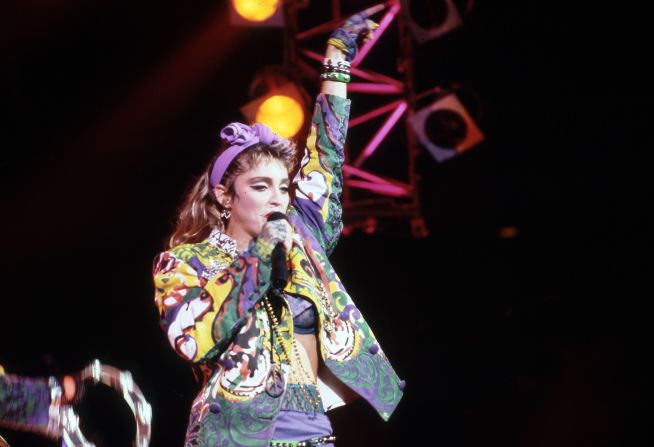 During her first national tour, 1985's "The Virgin Tour," the Queen of Pop donned her typical style at the time: a layered look including a bold jacket, lace leggings and beaded accessories.
