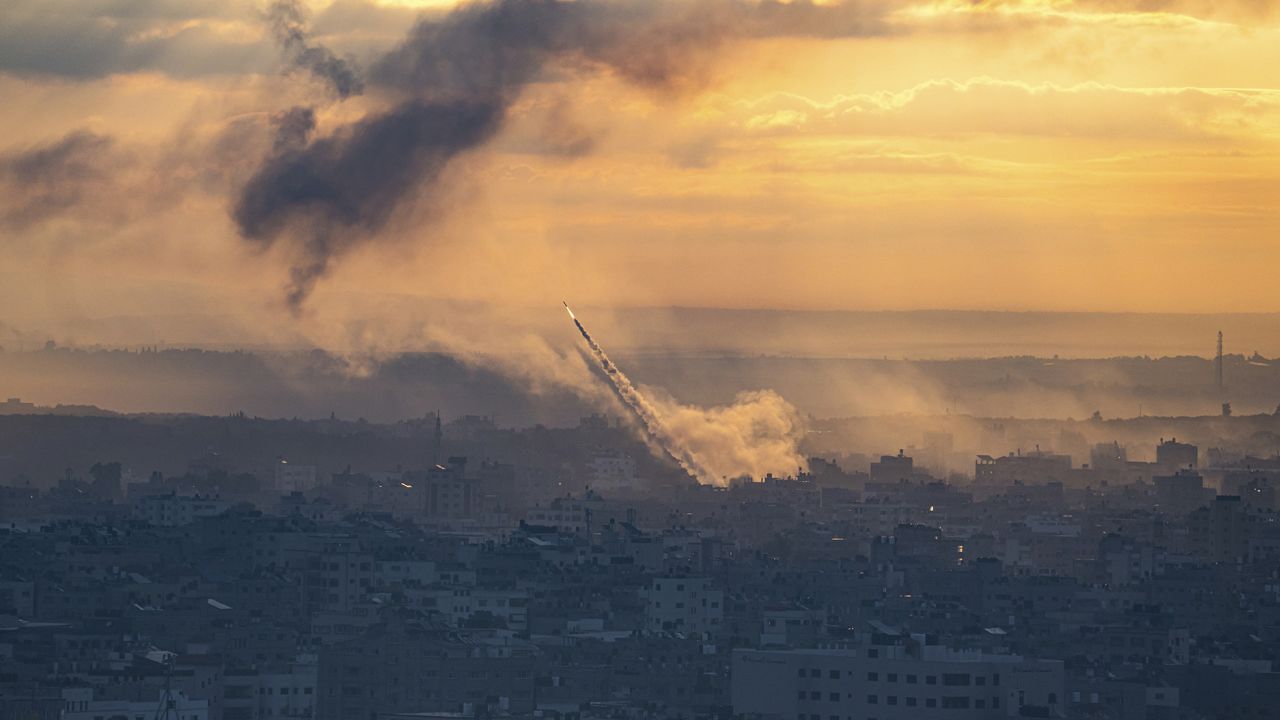 Rockets are fired toward Israel from the Gaza Strip, Saturday, Oct. 7, 2023. The rockets were fired as Hamas announced a new operation against Israel.