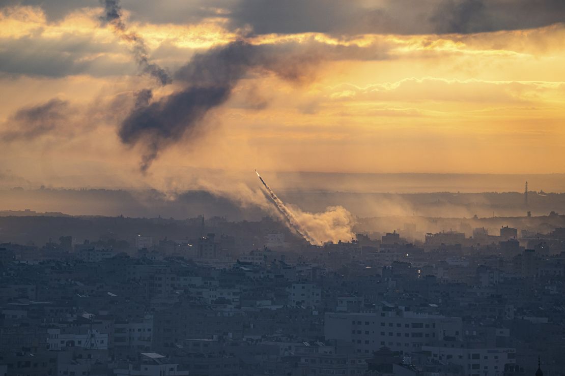 Rockets are fired toward Israel from the Gaza Strip, Saturday, Oct. 7, 2023. The rockets were fired as Hamas announced a new operation against Israel.