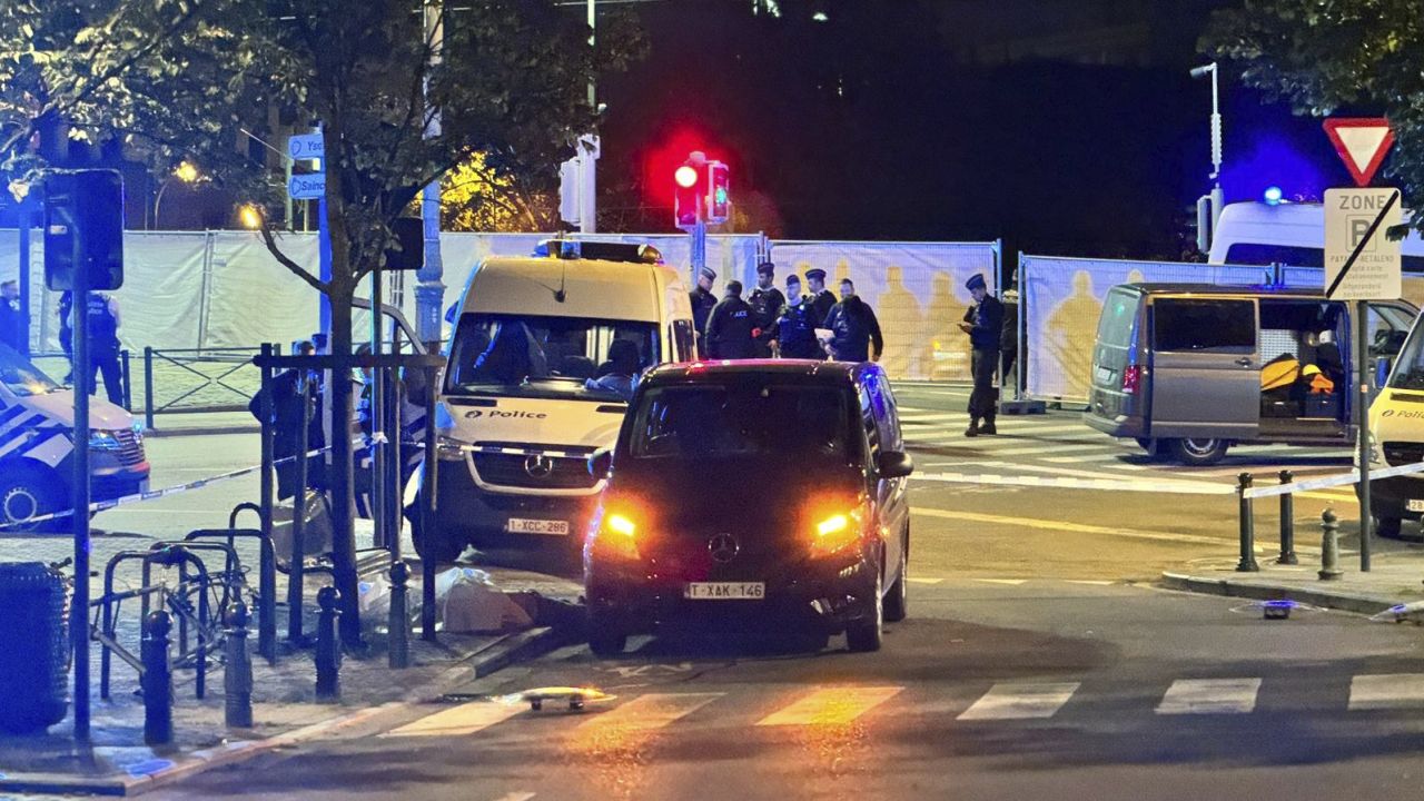 Police cordon off an area where a shooting took place in the center of Brussels, Monday, October 16, 2023.
