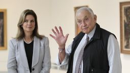 In this Sept. 19, 2014 file photo, retail mogul Leslie Wexner, right, and his wife Abigail tour the "Transfigurations" exhibit at the Wexner Center for the Arts in Columbus, Ohio. 