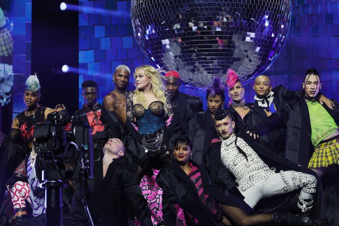 Madonna donned a lacy bustier, chains and a crucifix in this nod to her 1980s style.