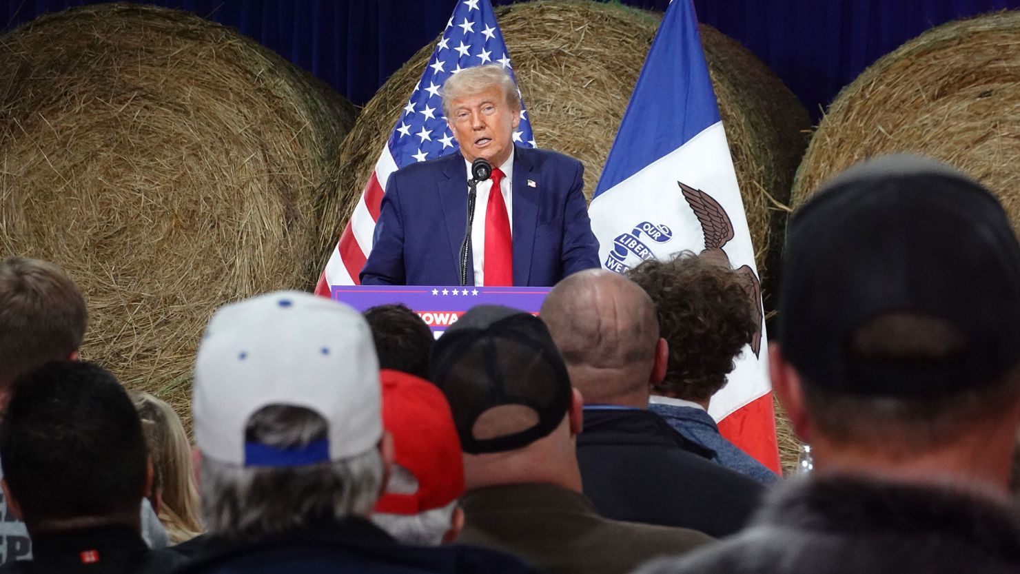 Republican presidential candidate former President Donald Trump speaks to guests during a campaign event at the Dallas County Fairgrounds on October 16, 2023 in Adel, Iowa. Trump also spoke at a rally in Clive, Iowa, the same afternoon.