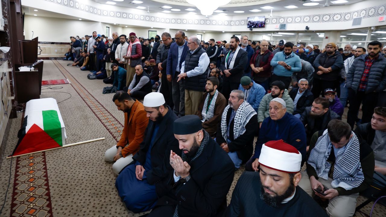 Community members pray during the funeral of Wadea Al-Fayoume at the Mosque Foundation on October 16, 2023 in Bridgeview, Illinois. 