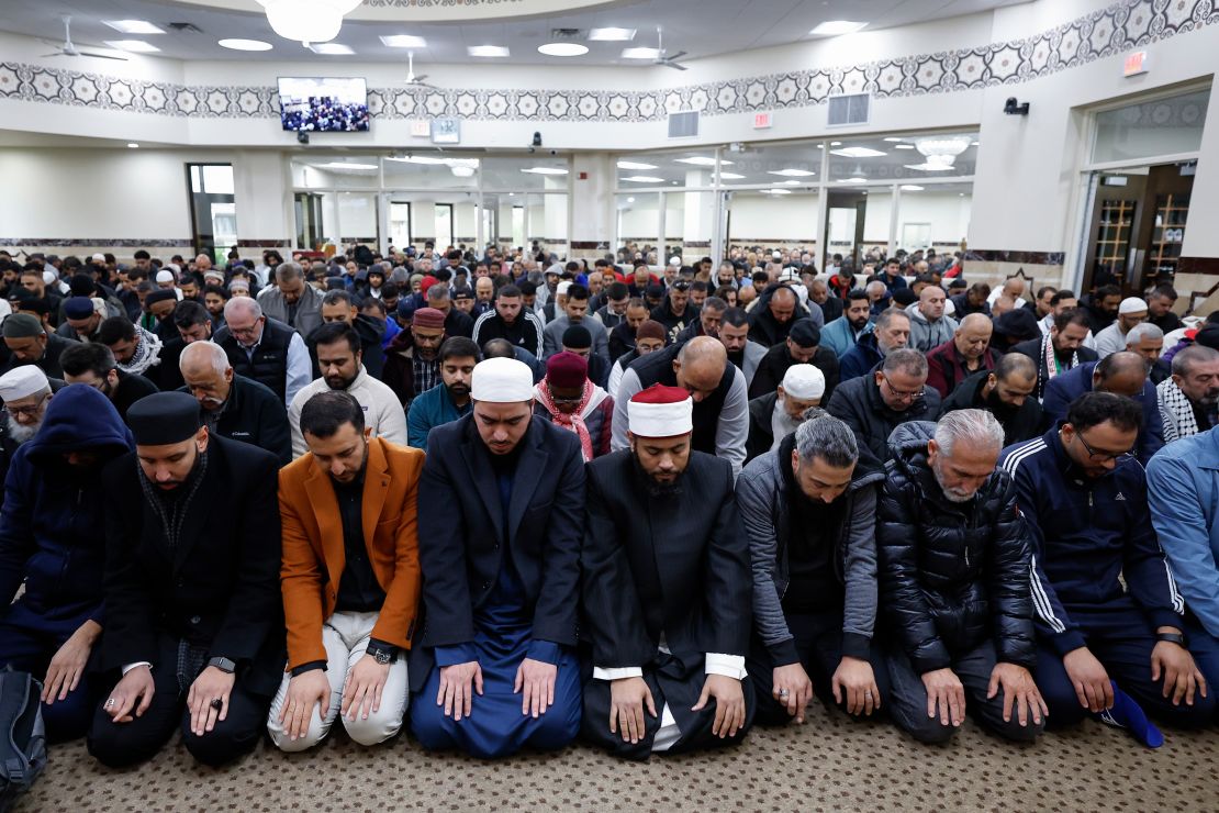 BRIDGEVIEW, ILLINOIS - OCTOBER 16:  Family and community members pray during the funeral service for six-year-old Wadea Al-Fayoume at the Mosque Foundation on October 16, 2023 in Bridgeview, Illinois. Wadea was stabbed to death and his mother seriously injured in an attack by the family's landlord, Joseph Czuba, motivated by hatred for Muslims and the fighting in Israel and Gaza, according to published reports citing authorities.  (Photo by Kamil Krzaczynski/Getty Images)