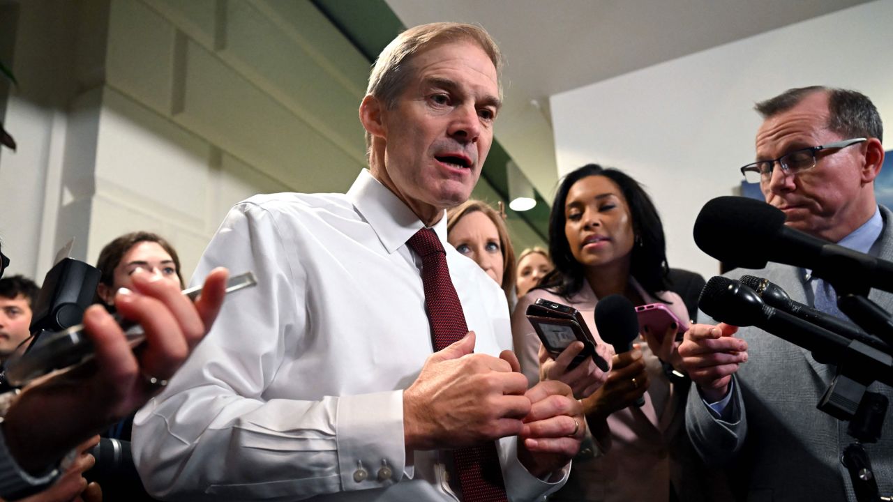 Rep. Jim Jordan speaks at the US Capitol in Washington, DC, on October 16, 2023.