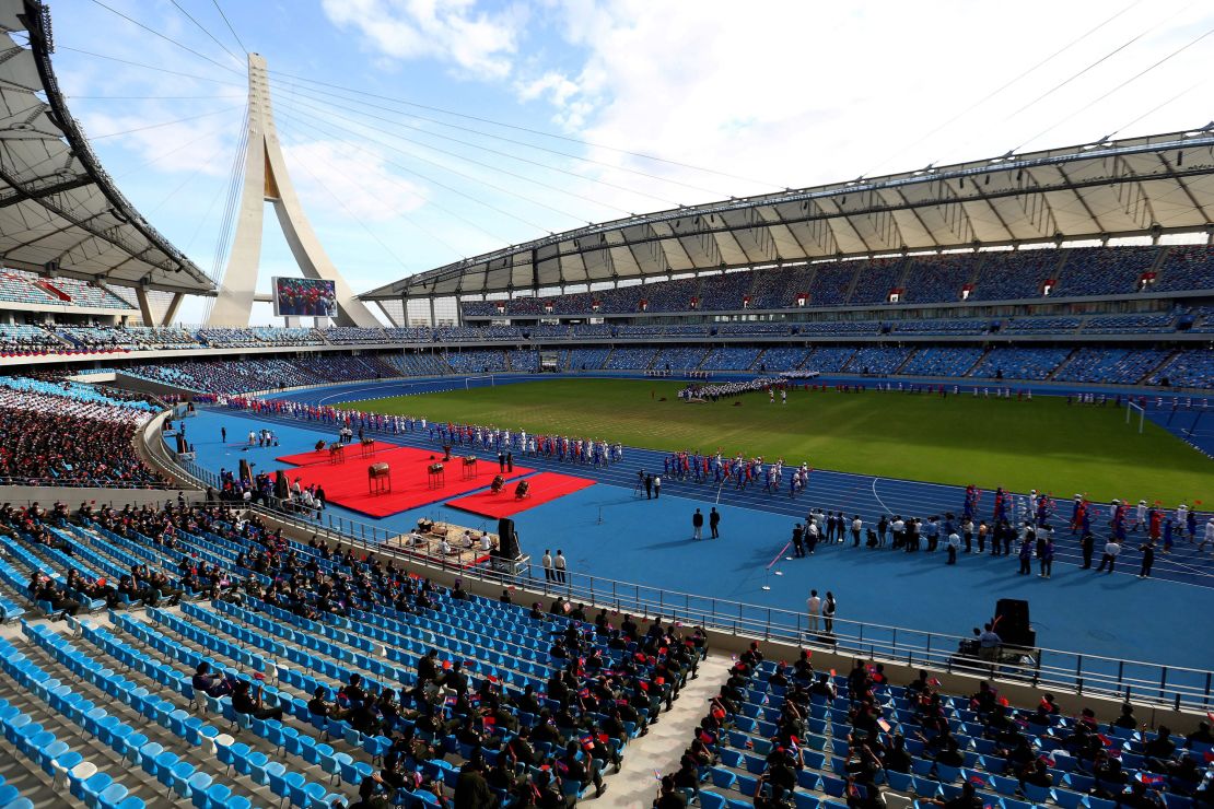 The opening ceremony of Cambodia's Morodok Techo National Stadium, funded by China's Belt and Road Initiative, in Phnom Penh on December 18, 2021.