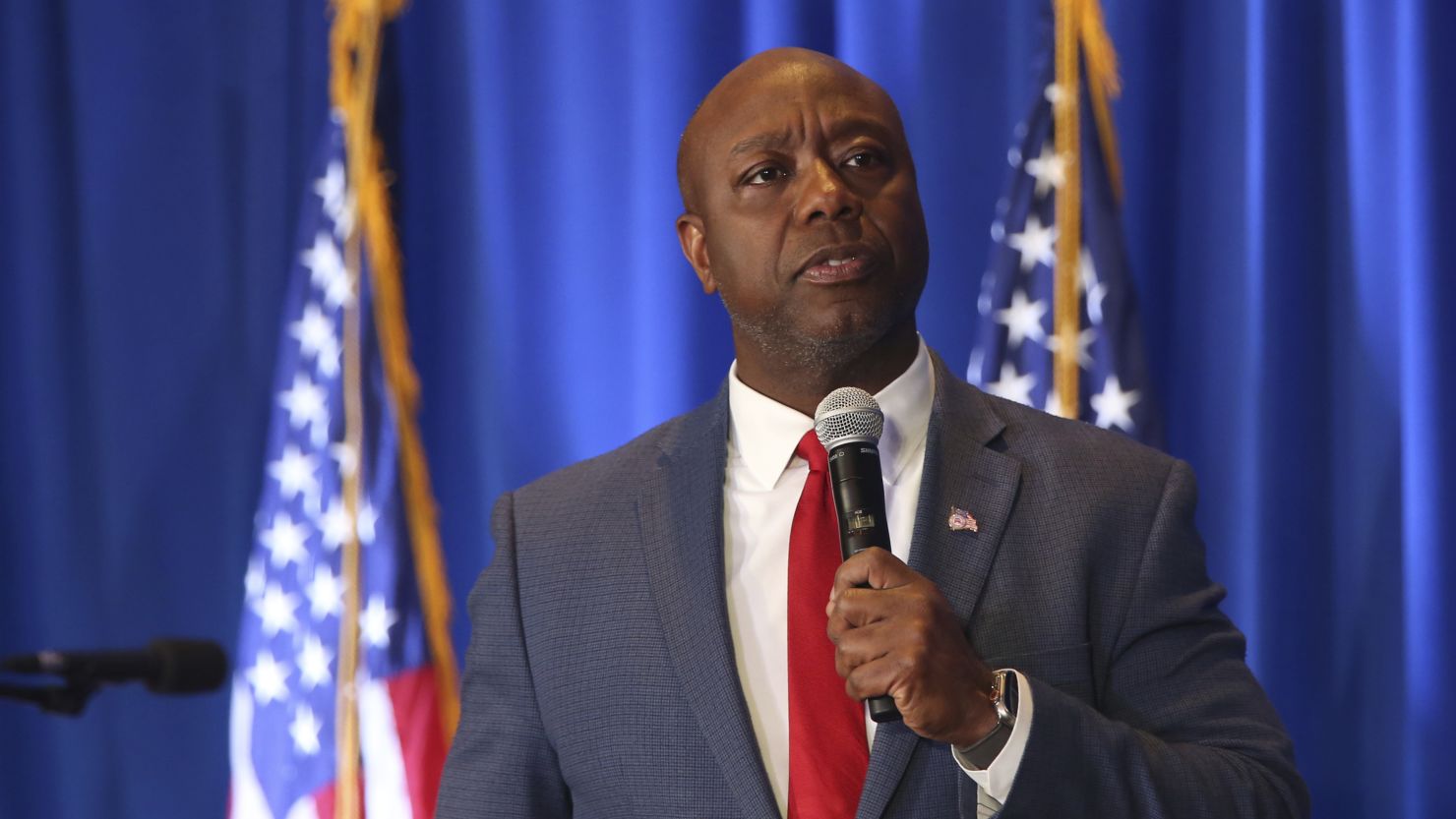 Tim Scott speaks during the New Hampshire Republican Party's First In The Nation Leadership Summit on Saturday, October 14, 2023, in Nashua.
