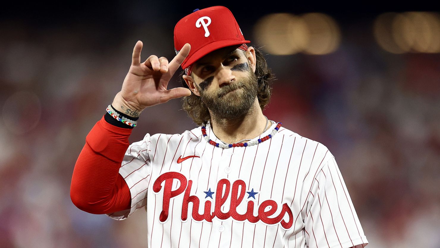 PHILADELPHIA, PENNSYLVANIA - OCTOBER 16: Bryce Harper #3 of the Philadelphia Phillies gestures to the crowd in the first inning against the Arizona Diamondbacksduring Game One of the Championship Series at Citizens Bank Park on October 16, 2023 in Philadelphia, Pennsylvania. (Photo by Tim Nwachukwu/Getty Images)