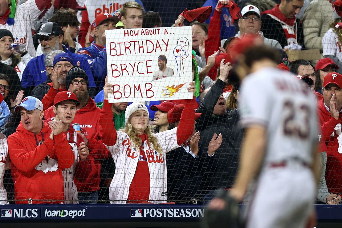 PHILADELPHIA, PENNSYLVANIA - OCTOBER 16: A fan holds up a sign for Bryce Harper's birthday during Game One of the Championship Series between the Arizona Diamondbacks and the Philadelphia Phillies at Citizens Bank Park on October 16, 2023 in Philadelphia, Pennsylvania. (Photo by Tim Nwachukwu/Getty Images)