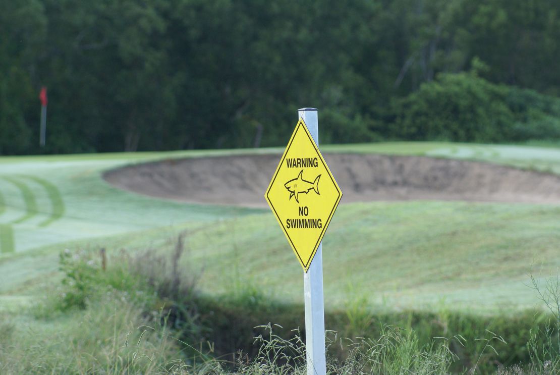A sign at Carbrook golf club warns players not to swim in the course's lake due to the presence of bull sharks, March 2011.