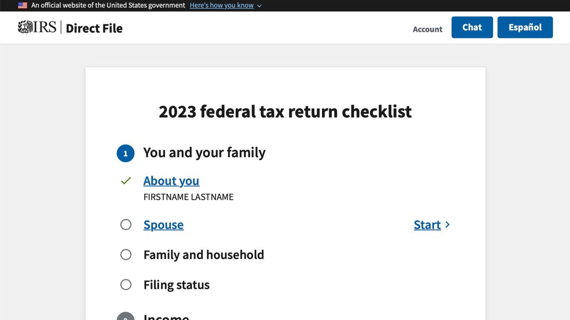 This screenshot shows the Internal Revenue Service's free tax filing pilot.