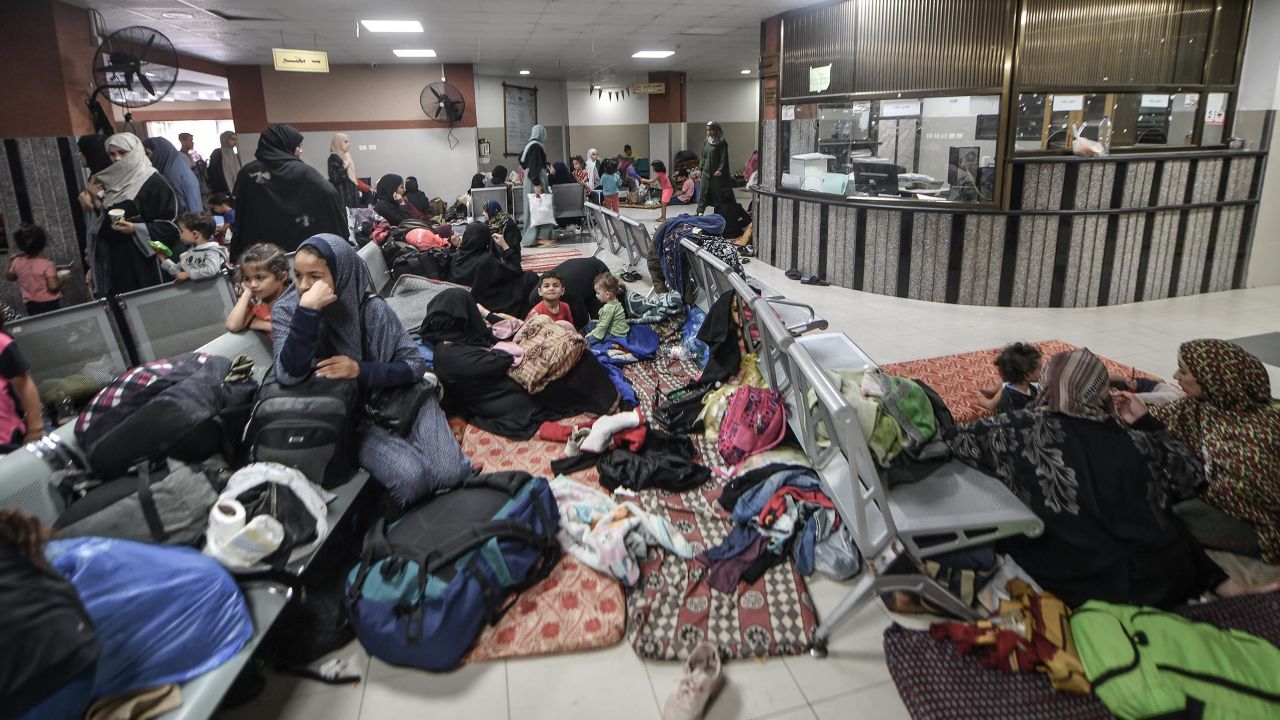 People take shelter at Nasser Hospital in Khan Younis, Gaza after Israeli airstrikes destroyed their homes on Monday.