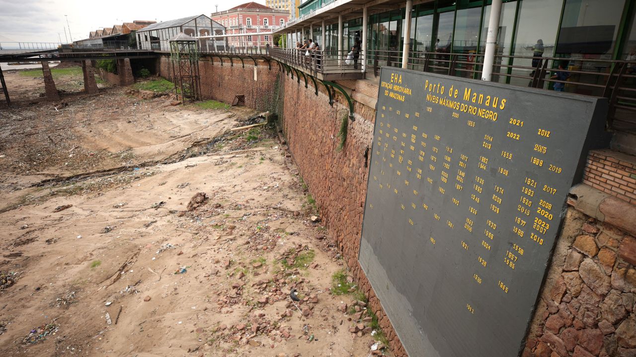 A ruler that measures historical river water levels at the Rio Negro river in Manaus, Brazil, Oct 16, 2023. 