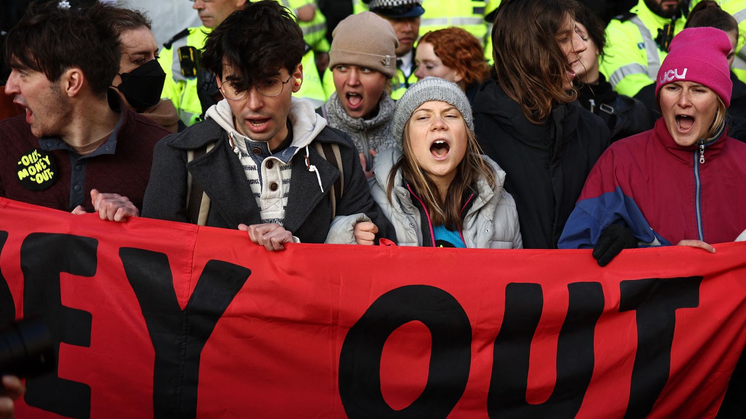 Greta Thunberg joins protesters on the sidelines of the opening day of the Energy Intelligence Forum on October 17, 2023 in London . 