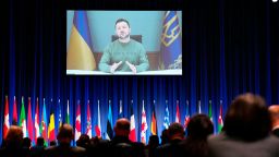 Ukraine President Volodymyr Zelensky speaks  via video conference during the NATO Parliamentary Assembly, in Copenhagen, Denmark, on Monday, October 9.
