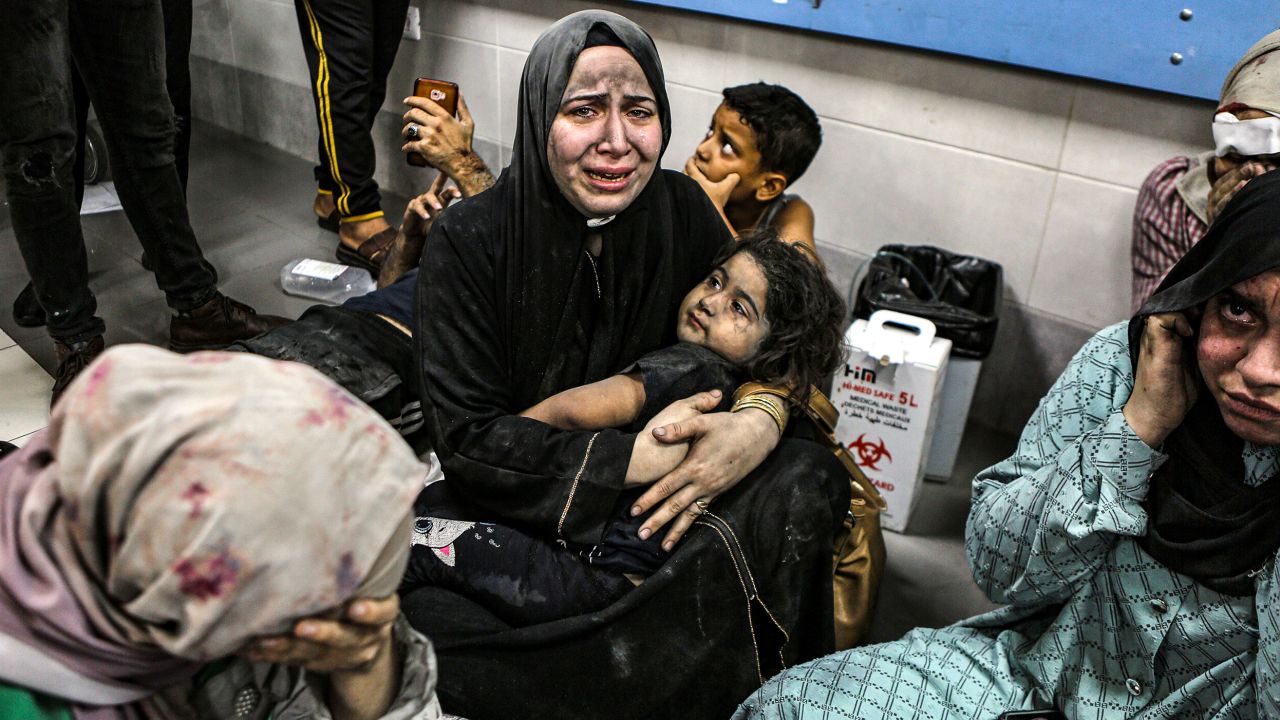 Wounded Palestinians lay at the al-Shifa hospital following Israeli airstrikes, in Gaza City, central Gaza Strip, Tuesday, Oct. 17, 2023. (AP Photo/Abed Khaled)