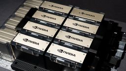 A Nvidia HGX H100 server arranged at the company's headquarters in Santa Clara, California, US, on Monday, June 5, 2023. Nvidia Corp., suddenly at the core of the world's most important technology, owns 80% of the market for a particular kind of chip called a data-center accelerator, and the current wait time for one of its AI processors is eight months. Photographer: Marlena Sloss/Bloomberg via Getty Images