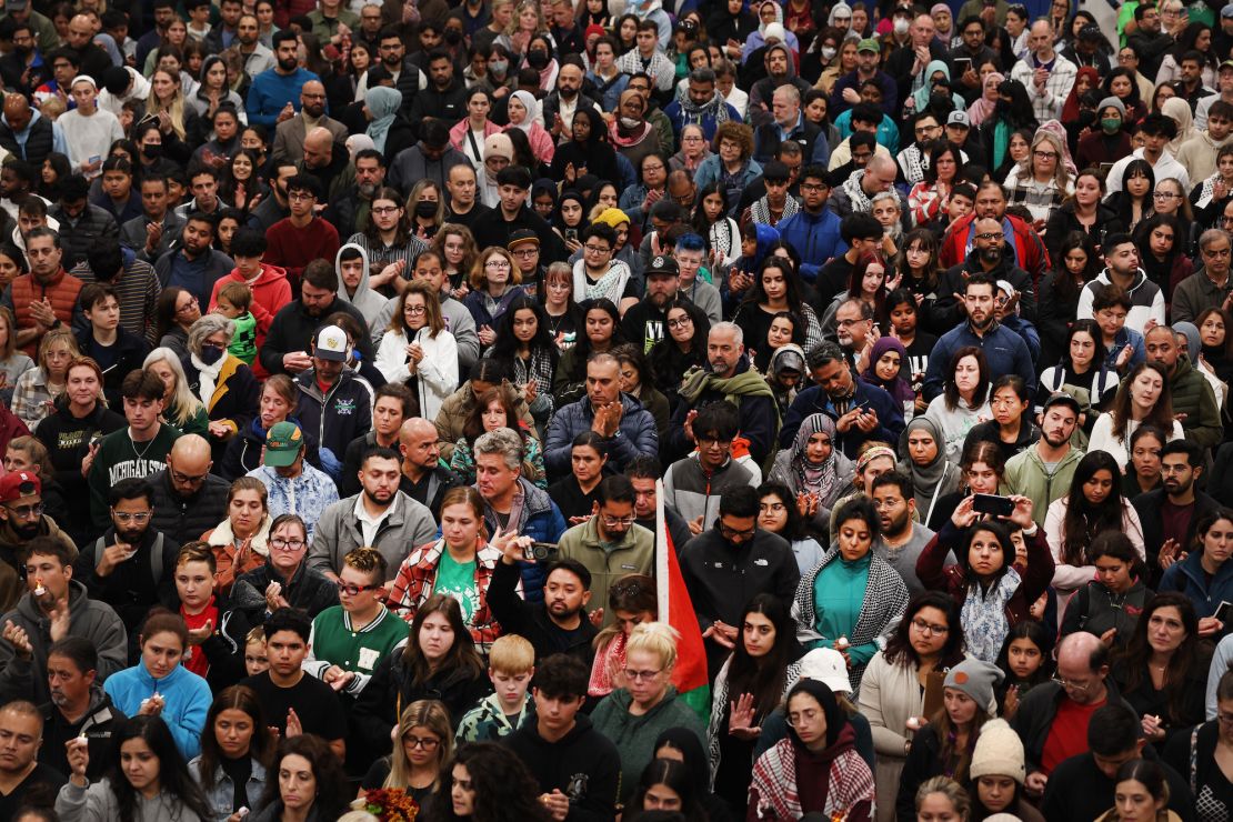 Community members attend a vigilfor Wadea Al-Fayoume at the Prairie Activity and Rec Center on Tuesday.