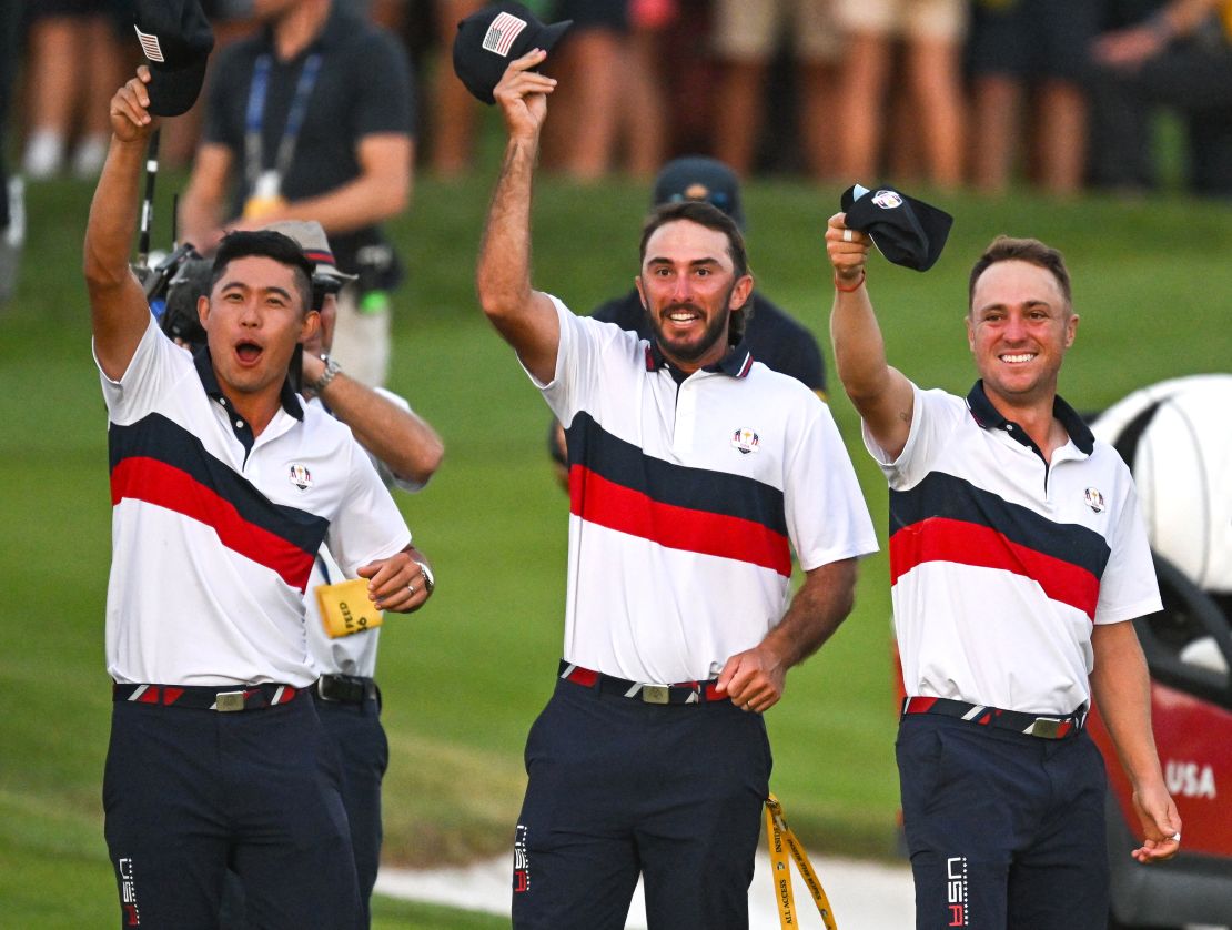 Rome , Italy - 30 September 2023; Team USA players, from left, Collin Morikawa, Max Homa and Justin Thomas celebrate after team-mate Patrick Cantlay wins his match during the afternoon fourball matches on day two of the 2023 Ryder Cup at Marco Simone Golf and Country Club in Rome, Italy.