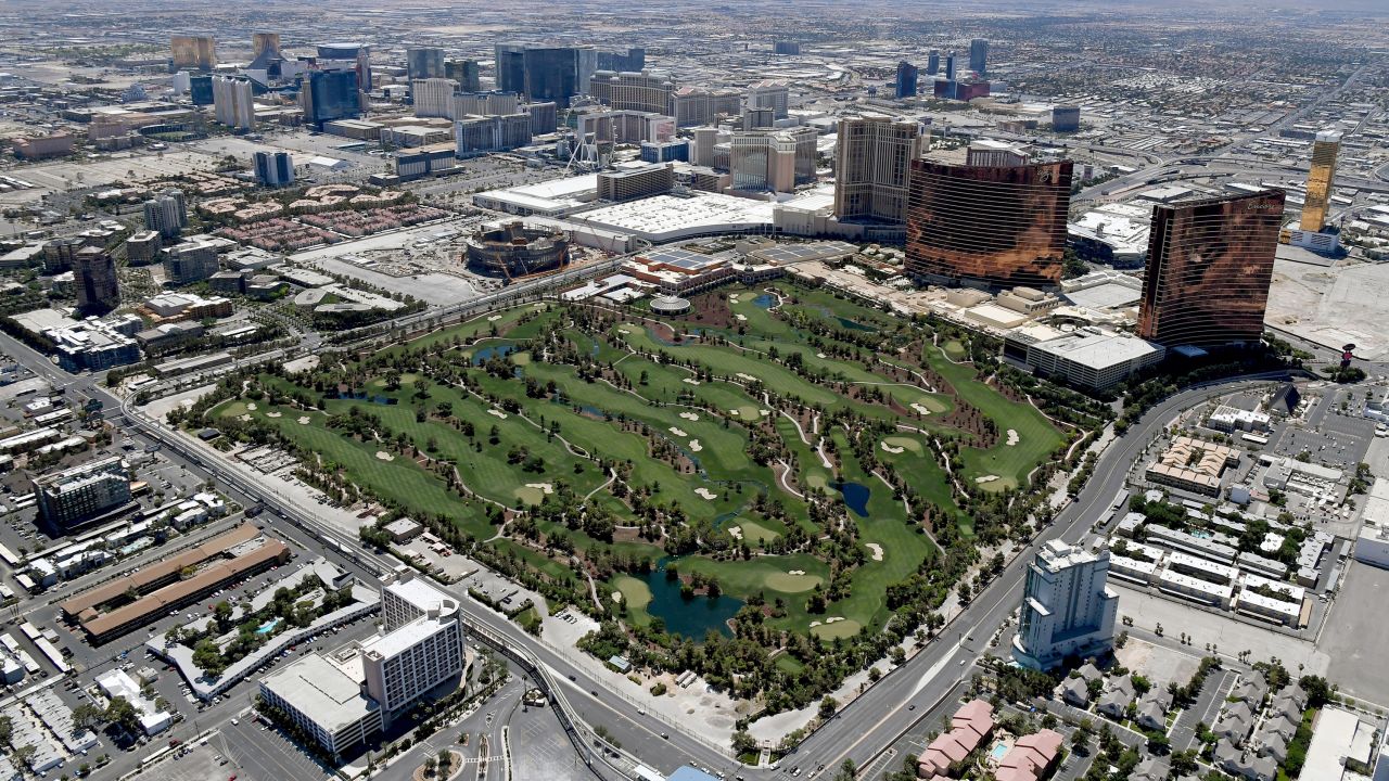 An aerial view shows the Las Vegas Strip including the Wynn Golf Club at Wynn Las Vegas, on May 21, 2020 in Las Vegas, Nevada.