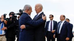 U.S. President Joe Biden is welcomed by Israeli Prime Minster Benjamin Netanyahu, as he visits Israel amid the ongoing conflict between Israel and Hamas, in Tel Aviv, Israel, October 18, 2023. REUTERS/Evelyn Hockstein 