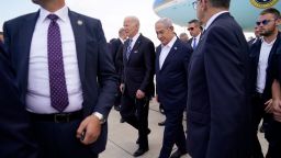 President Joe Biden is greeted by Israeli Prime Minister Benjamin Netanyahu after arriving at Ben Gurion International Airport, on Wednesday in Tel Aviv. 
