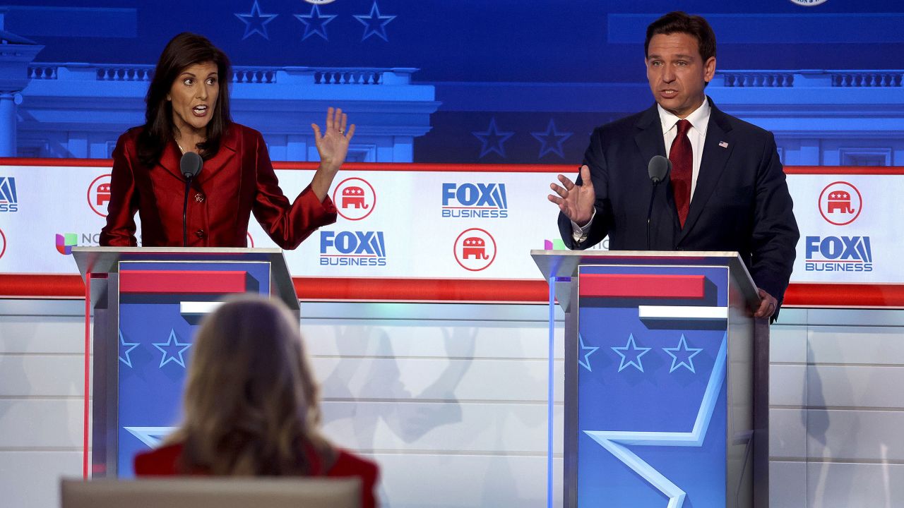 Republican presidential candidates former U.N. Ambassador Nikki Haley and Florida Gov. Ron DeSantis participate in the FOX Business Republican Primary Debate at the Ronald Reagan Presidential Library on September 27, in Simi Valley, California.