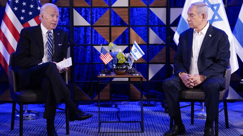 President Joe Biden speaks as he meets with Israeli Prime Minister Benjamin Netanyahu, Wednesday, Oct. 18, 2023, in Tel Aviv. (AP Photo/Evan Vucci)