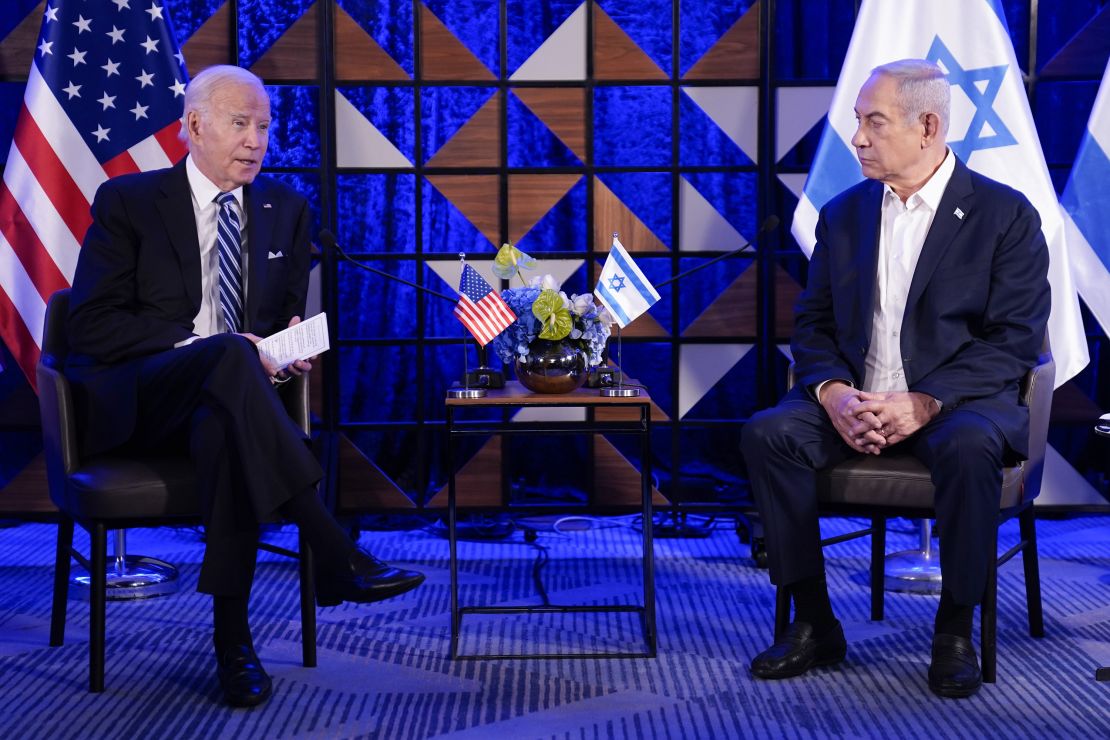 President Joe Biden speaks as he meets with Israeli Prime Minister Benjamin Netanyahu, Wednesday, Oct. 18, 2023, in Tel Aviv. (AP Photo/Evan Vucci)