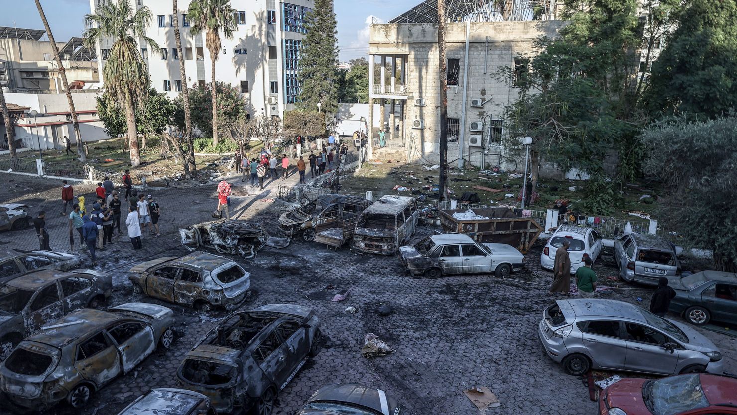 This view shows the aftermath of a deadly blast that struck Al-Ahli Baptist Hospital in Gaza City, on Wednesday, October 18.