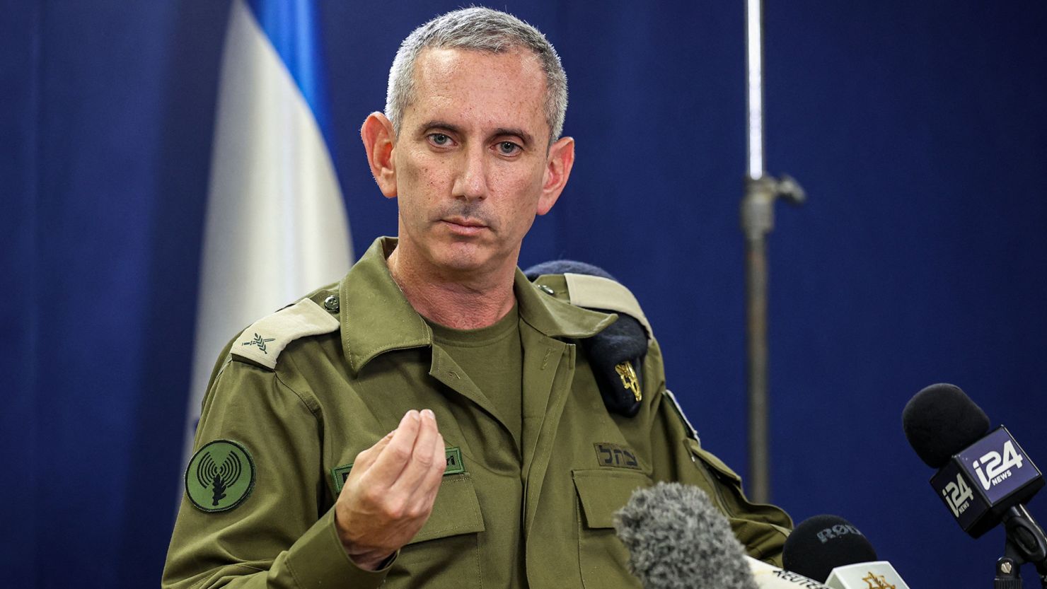 Israeli army spokesman Rear Admiral Daniel Hagari speaks to the press from The Kirya, which houses the Israeli Ministry of Defence, in Tel Aviv on October 18, 2023. A blast ripped through a hospital in war-torn Gaza killing hundreds of people late on October 17, sparking global condemnation and angry protests around the Muslim world. Spokesman Hagari on October 18 said that Israel had "evidence" that militants were responsible for the blast that killed hundreds at a Gaza hospital, saying a review proved others were at fault. (Photo by GIL COHEN-MAGEN / AFP) (Photo by GIL COHEN-MAGEN/AFP via Getty Images)