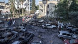 A view shows the aftermath of a deadly blast that struck Al-Ahli Baptist Hospital in Gaza City, on Wednesday, October 18. Palestinian officials blamed ongoing Israeli airstrikes for the incident, while a spokesperson for the Israel Defense Forces said a Palestinian Islamic Jihad group is responsible for a "failed rocket launch" that hit the hospital. 