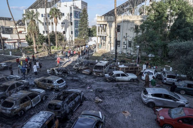 A view shows the aftermath of a <a href="https://edition.cnn.com/2023/10/18/middleeast/israel-gaza-hamas-war-wednesday-intl-hnk/index.html" target="_blank">deadly blast that struck Al-Ahli Baptist Hospital</a> in Gaza City on October 18. Palestinian officials blamed ongoing Israeli airstrikes for the incident, while a spokesperson for the Israel Defense Forces said a Palestinian Islamic Jihad group is responsible for a "failed rocket launch" that hit the hospital. 