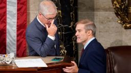 Temporary House leader Rep. Patrick McHenry talks with Rep. Jim Jordan as Republicans try to elect Jordan in a second ballot to be the new House speaker at the Capitol in Washington, DC, on Wednesday.