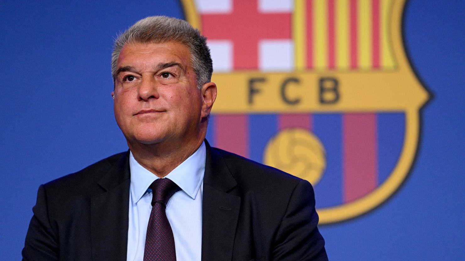 BARCELONA, SPAIN - APRIL 17: FC Barcelona President Joan Laporta gives a press conference in response to recent allegations over payments made to referees by the club, at Spotify Camp Nou on April 17, 2023 in Barcelona, Spain. UEFA and Spanish authorities are investigating Barcelona over the payment of millions of euros to the company of Jose Maria Enriquez Negreira, the former vice-president of Spanish football's refereeing committee. If found guilty, UEFA's investigation could lead to a Champions League ban for the club. (Photo by David Ramos/Getty Images)