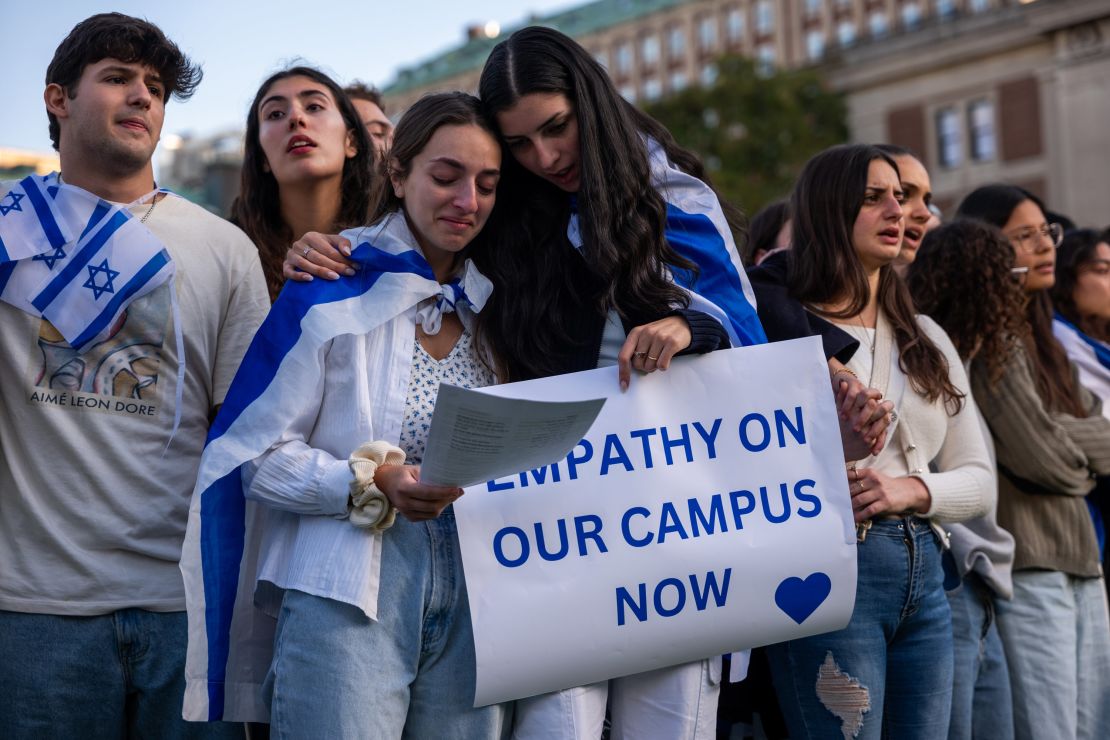 Columbia students participate in a rally and vigil in support of Israel in response to a neighboring student rally in support of Palestinians at the university on October 12.