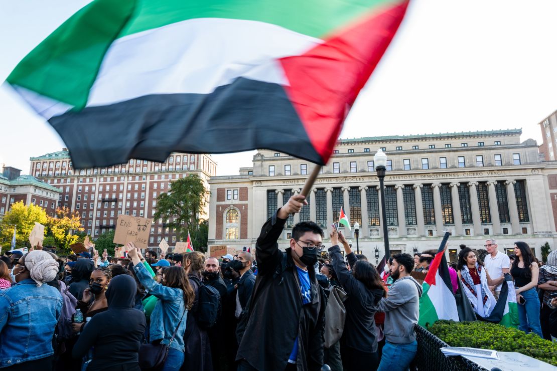 Columbia University students participate in a rally in support of Palestinians at the university on October 12 in New York City.