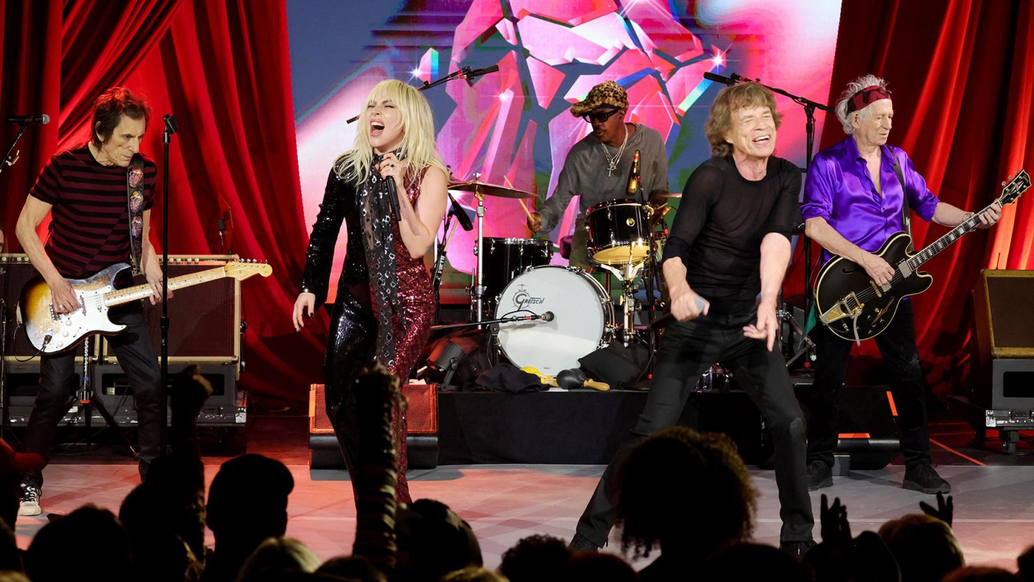 Ronnie Wood, Lady Gaga, Mick Jagger, Steve Jordan and Keith Richards perform during The Rolling Stones surprise set in celebration of their new album "Hackney Diamonds" at Racket NYC on Thusday.
