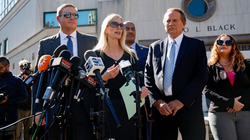 Beth Holloway speaks to media after the appearance of Joran van den Sloot outside the Hugo L. Black Federal Courthouse Wednesday, Oct. 18, 2023, in Birmingham, Ala.  Van der Sloot, the chief suspect in Natalee Holloway's 2005 disappearance in Aruba admitted he killed her and disposed of her remains, and has agreed to plead guilty to charges he tried to extort money from the teen's mother years later, a U.S. judge said Wednesday.