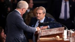 Rep. Jim Jordan talks to Speaker Pro Tempore Rep. Patrick McHenry as the House of Representatives prepares to hold a vote on a new Speaker of the House at the Capitol on October 18, 2023 in Washington, DC.