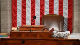 The seat of the US House Speaker stands empty as the House of Representatives continues voting for a new speaker at the US Capitol in Washington, DC, on October 17, 2023. 